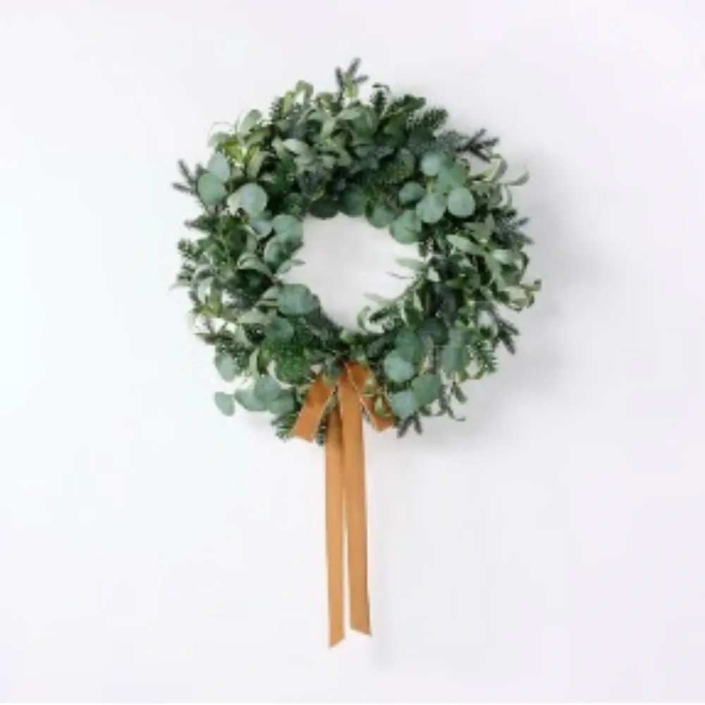 STUDIO MCGEE NWT faux olive, eucalyptus, pine wreath w/ velvet bow -26”